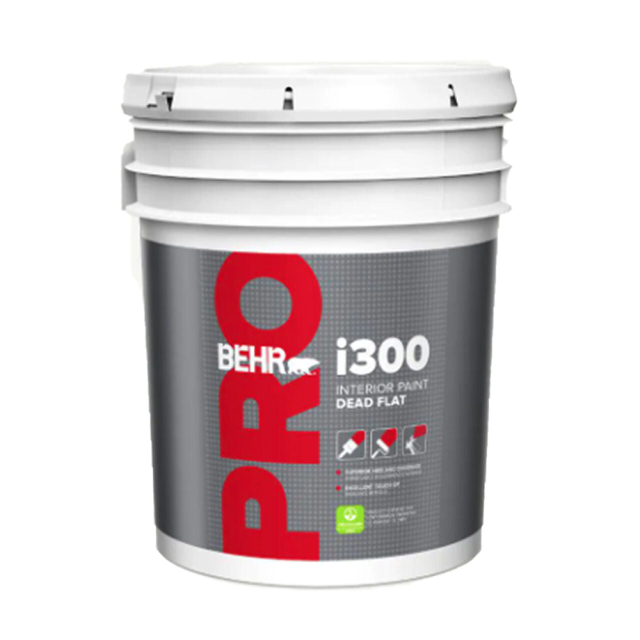 A large white plastic bucket labeled Go Build i300 Series 5 gal. Interior Dead Flat Paint - White Base, featuring a gray and red label with product details and icons for durability, coverage, and washability.
